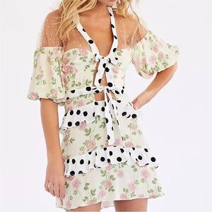 For Love And Lemons Pink Floral and Black Polka Dot Mini Dress